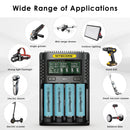 NITECORE UMS4 charger and EVE 20P flat top batteries powering high-power vapes, flashlights, and power tools.