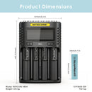 NITECORE UMS4 charger dimensions – 156mm x 105mm x 40mm, with 4x EVE 20P flat top batteries.