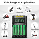 NITECORE UMS4 charger and EVE 25P flat top batteries powering vapes, flashlights, and power tools.