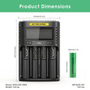 NITECORE UMS4 charger dimensions – 156mm x 105mm x 40mm, with 4x EVE 25P flat top batteries.