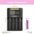 NITECORE UMS4 charger dimensions – 156mm x 105mm x 40mm, with 4x EVE 30P flat top batteries.