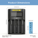NITECORE UMS4 charger dimensions – 156mm x 105mm x 40mm, with 4x EVE 40PL 21700 flat top batteries.