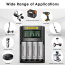 NITECORE UMS4 charger and EVE 50E flat top batteries powering home backup systems, multi-device camping setups, and portable energy storage.