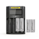 NITECORE UMS4 4-slot LCD smart charger with 4x EVE 50E 5000mAh 10A 21700 flat top batteries – high-capacity power kit for home backup and camping.
