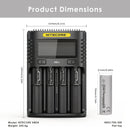 NITECORE UMS4 charger dimensions – 156mm x 105mm x 40mm, with 4x EVE 50E 21700 flat top batteries.