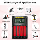 NITECORE UMS4 charger and LG HE2 flat top batteries powering vapes, flashlights, and power tools.