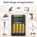 NITECORE UMS4 charger and LG HE4 flat top batteries powering vapes, flashlights, and power tools.