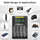 NITECORE UMS4 charger and LG M50LT flat top batteries powering high-capacity long-run devices with enhanced thermal safety.