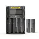 NITECORE UMS4 4-slot LCD smart charger with 4x LG M50LT 5000mAh high-capacity 21700 flat top batteries – high-capacity power set with 60°C thermal cutoff.