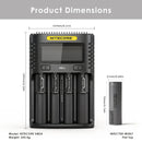 NITECORE UMS4 charger dimensions – 156mm x 105mm x 40mm, with 4x LG M50LT 21700 flat top batteries.