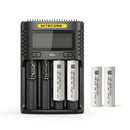 NITECORE UMS4 4-slot LCD smart charger with 4x Molicel P26A 2600mAh 35A flat top 18650 batteries – extreme high-drain power kit.