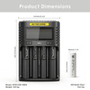 NITECORE UMS4 charger dimensions – 156mm x 105mm x 40mm, with 4x Molicel P26A flat top batteries.