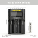 NITECORE UMS4 charger dimensions – 156mm x 105mm x 40mm, with 4x Molicel P28A flat top batteries.