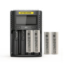 NITECORE UMS4 4-slot LCD smart charger with 4x Molicel P42A 4200mAh 45A 21700 flat top batteries – extreme high-power kit.