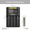 NITECORE UMS4 charger dimensions – 156mm x 105mm x 40mm, with 4x Molicel P42A 21700 flat top batteries.
