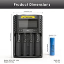 NITECORE UMS4 charger dimensions – 156mm x 105mm x 40mm, with 4x Samsung 20S Flat Top batteries (65mm x 18mm each).