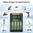 NITECORE UMS4 charger and Samsung 25R Button Top batteries powering cordless tools, flashlights, and vape devices.