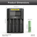 NITECORE UMS4 charger dimensions – 156mm x 105mm x 40mm, with 4x Samsung 25R Button Top batteries (65mm x 18mm each).