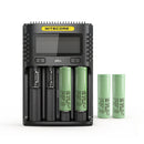 NITECORE UMS4 4-slot LCD smart charger with 4x Samsung 25R Flat Top 18650 batteries – complete high-drain power bundle.