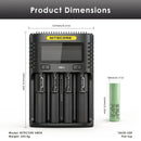 NITECORE UMS4 charger dimensions – 156mm x 105mm x 40mm, with 4x Samsung 25R Flat Top batteries (65mm x 18mm each).