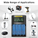 NITECORE UMS4 charger and Samsung 50E flat top batteries powering RV systems, off-grid storage, and field communications gear.