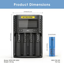 NITECORE UMS4 charger dimensions – 156mm x 105mm x 40mm, with 4x Samsung 50E 21700 flat top batteries.