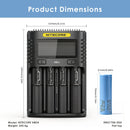 NITECORE UMS4 charger dimensions – 156mm x 105mm x 40mm, with 4x Samsung 50G 21700 flat top batteries.