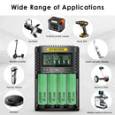 NITECORE UMS4 charger and Samsung 50S flat top batteries powering tactical flashlights, heavy-duty power tools, and high-torque e-mobility devices.