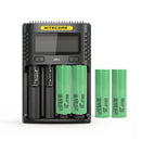 NITECORE UMS4 4-slot LCD smart charger with 4x Samsung 50S 5000mAh 20A 21700 flat top batteries – reliable high-power kit with LCD control for tactical gear and heavy-duty tools.