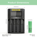 NITECORE UMS4 charger dimensions – 156mm x 105mm x 40mm, with 4x Samsung 50S 21700 flat top batteries.
