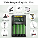 NITECORE UMS4 charger and Sony VTC4 flat top batteries powering high-power vapes, flashlights, and power tools.