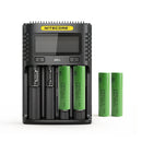 NITECORE UMS4 4-slot LCD smart charger with 4x Sony VTC4 30A flat top 18650 batteries – high-drain power kit.