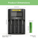 NITECORE UMS4 charger dimensions – 156mm x 105mm x 40mm, with 4x Sony VTC5 flat top batteries.