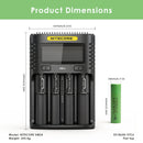 NITECORE UMS4 charger dimensions – 156mm x 105mm x 40mm, with 4x Sony VTC6 flat top batteries.