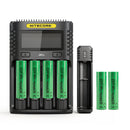 NITECORE UMS4 4-slot charger, UI1 portable single-slot charger, and 6x EVE 25P 2500mAh 20A flat top 18650 batteries – reliable high-discharge kit.