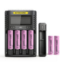 NITECORE UMS4 4-slot charger, UI1 portable single-slot charger, and 6x EVE 30P 3000mAh 30A flat top 18650 batteries – high-output power kit for cinematography and broadcasting.