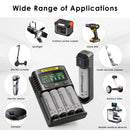 NITECORE UMS4 and UI1 chargers with EVE 50E flat top batteries powering off-grid camping setups, RV fleets, and multi-device energy storage.