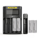 NITECORE UMS4 4-slot charger, UI1 portable single-slot charger, and 6x EVE 50E 5000mAh 10A 21700 flat top batteries – high-capacity power system for off-grid camping and RV fleet management.