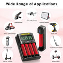 NITECORE UMS4 and UI1 chargers with LG HE2 flat top batteries powering vapes, flashlights, and power tools.