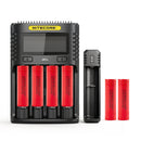 NITECORE UMS4 4-slot charger, UI1 portable single-slot charger, and 6x LG HE2 2500mAh 20A flat top 18650 batteries – ultimate power bundle.
