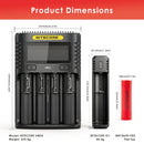 NITECORE UMS4 (156x105x40mm), UI1 (95x30x30mm), and 6x LG HE2 flat top (65x18mm each) – complete kit dimensions.