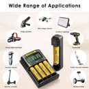 NITECORE UMS4 and UI1 chargers with LG HE4 flat top batteries powering vapes, flashlights, and power tools.