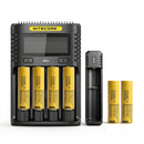 NITECORE UMS4 4-slot charger, UI1 portable single-slot charger, and 6x LG HE4 2500mAh 20A flat top 18650 batteries – high-drain power kit with LCD control.
