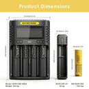 NITECORE UMS4 (156x105x40mm), UI1 (95x30x30mm), and 6x LG HE4 flat top (65x18mm each) – complete kit dimensions.