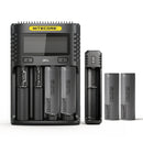 NITECORE UMS4 4-slot charger, UI1 portable single-slot charger, and 6x LG M50LT 5000mAh high-capacity 21700 flat top batteries – high-capacity power bundle with 60°C thermal cutoff.