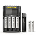 NITECORE UMS4 4-slot charger, UI1 portable single-slot charger, and 6x Molicel P26A 2600mAh 35A flat top 18650 batteries – extreme high-drain power bundle.