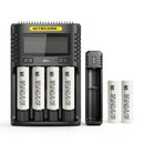 NITECORE UMS4 4-slot charger, UI1 portable single-slot charger, and 6x Molicel P28A 2800mAh 25A flat top 18650 batteries – high-performance power kit with LCD control.