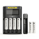 NITECORE UMS4 4-slot charger, UI1 portable single-slot charger, and 6x Molicel P30B 3000mAh 30A flat top 18650 batteries – flagship high-performance power kit with LCD control.