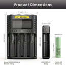 NITECORE UMS4 (156x105x40mm), UI1 (95x30x30mm), and 6x Samsung 25R Button Top (65x18mm each) – complete kit dimensions.