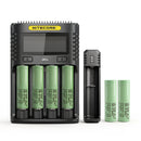 NITECORE UMS4 4-slot charger, UI1 portable single-slot charger, and 6x Samsung 25R Flat Top 18650 batteries – ultimate power bundle.